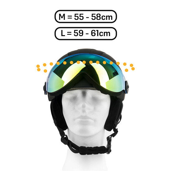 Skihelm Vizorz zwart - Incl hoes, vizier oranje en vizier grijs/goud - Maat L
