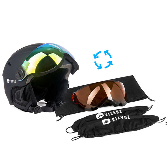 Skihelm Vizorz zwart - Incl hoes, vizier oranje en vizier grijs/goud - Maat M