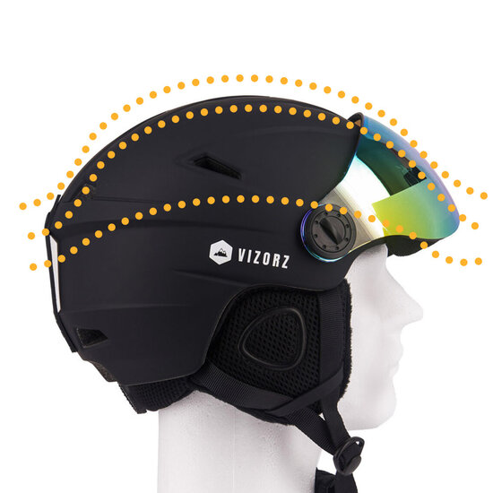 Skihelm Vizorz zwart - Incl hoes, vizier oranje en vizier grijs/goud - Maat M