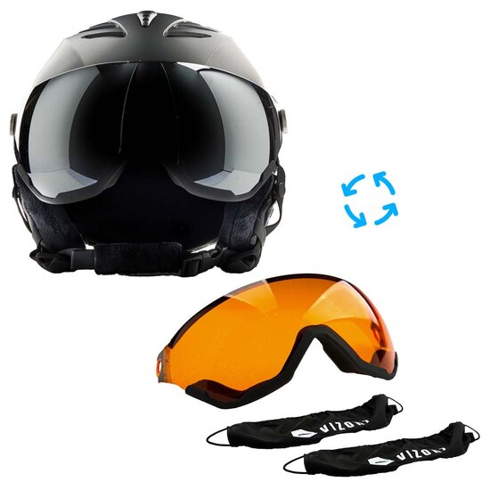 Skihelm Vizorz Lux zwart - Dubbel vizier (zilver en oranje) en hoes - Maat L